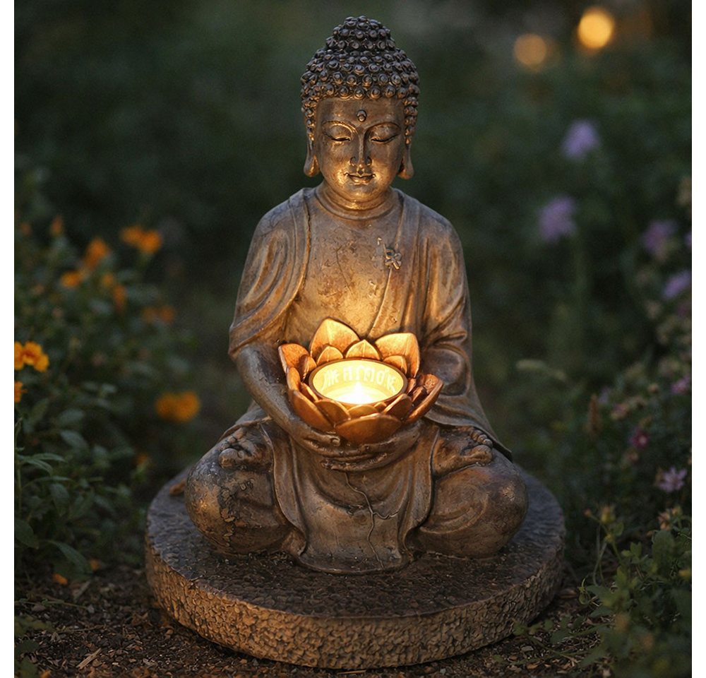 GLOBO LIGHTING LED Dekofigur, LED-Leuchtmittel fest verbaut, 2er Set LED Solarlampe Gartendeko Blumenbeet Buddha grau – Bild 3 von 5