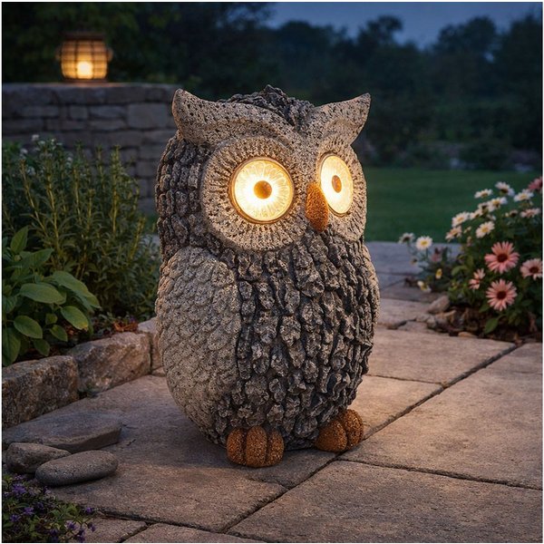 GLOBO LIGHTING LED Dekofigur, LED-Leuchtmittel fest verbaut, Warmweiß, Solar Eule Gartenskulptur für Außen Gartendeko Figur Skulptur grau