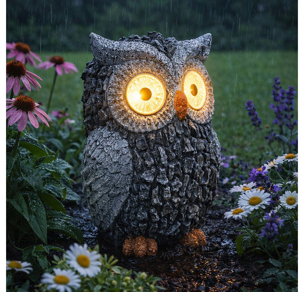 GLOBO LIGHTING LED Dekofigur, LED-Leuchtmittel fest verbaut, Warmweiß, Solar Eule Gartenskulptur für Außen Gartendeko Figur Skulptur grau – Bild 3 von 5