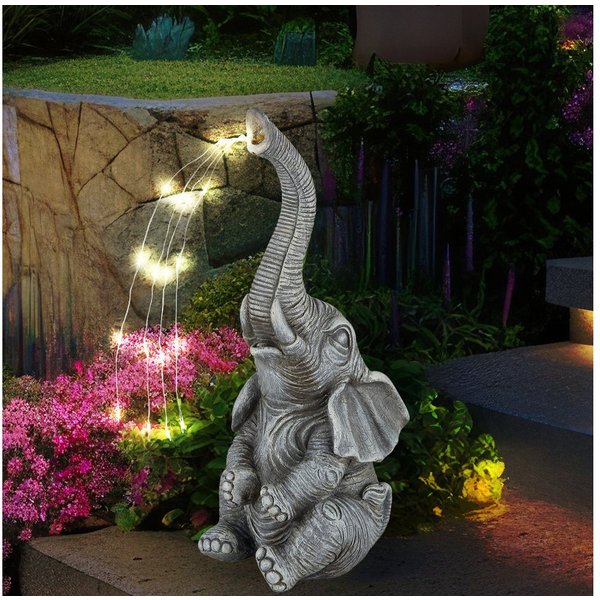 GLOBO LIGHTING LED Dekofigur, LED-Leuchtmittel fest verbaut, Warmweiß, Solarleuchte Außenlampe Elefant grau Gartendeko Terrassenleuchte