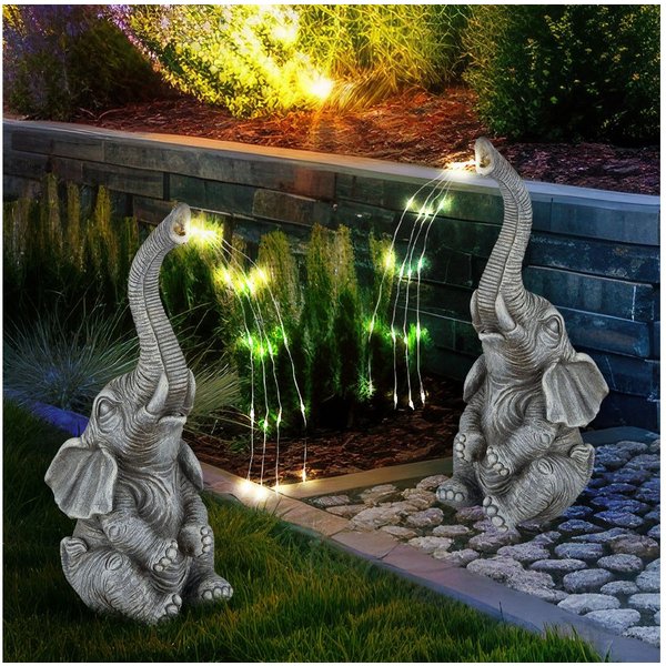 GLOBO LIGHTING LED Dekofigur, LED-Leuchtmittel fest verbaut, Warmweiß, Solarleuchte Außenlampe Elefant grau Gartendeko Terrasse 2er Set