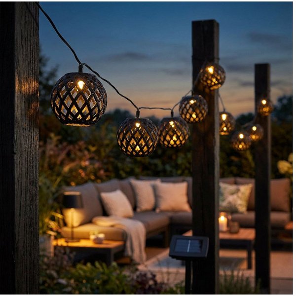 GLOBO LIGHTING LED Dekolicht, LED-Leuchtmittel fest verbaut, Warmweiß, LED Solar-Lichterkette synthetisch schwarz Feuereffekt 8x L