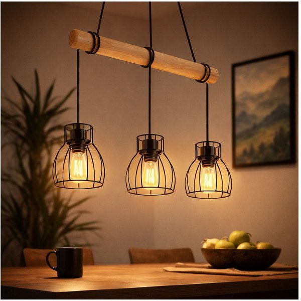 GLOBO LIGHTING LED-Hängeleuchte, Leuchtmittel inklusive, Warmweiß, Vintage LED Pendelleuchte Hängelampe Holz Esstischlampe Gitter schwarz
