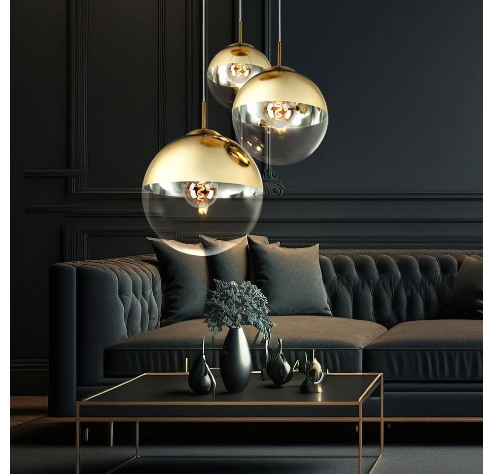 GLOBO LIGHTING LED Pendelleuchte, Leuchtmittel inklusive, Warmweiß, LED Hängelampe Pendelleuchte Glas 3 flammig goldfarben Glaskugel – Bild 3 von 5