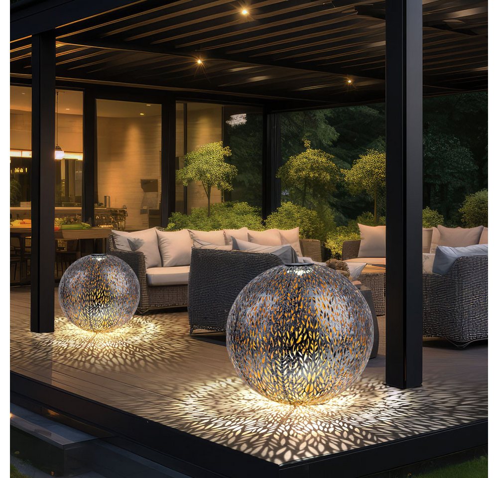 GLOBO LIGHTING LED Solarleuchte, LED-Leuchtmittel fest verbaut, Warmweiß, Solarkugel Windlicht Außenlampe LED Erdspieß Gartendeko silber gold – Bild 5 von 5