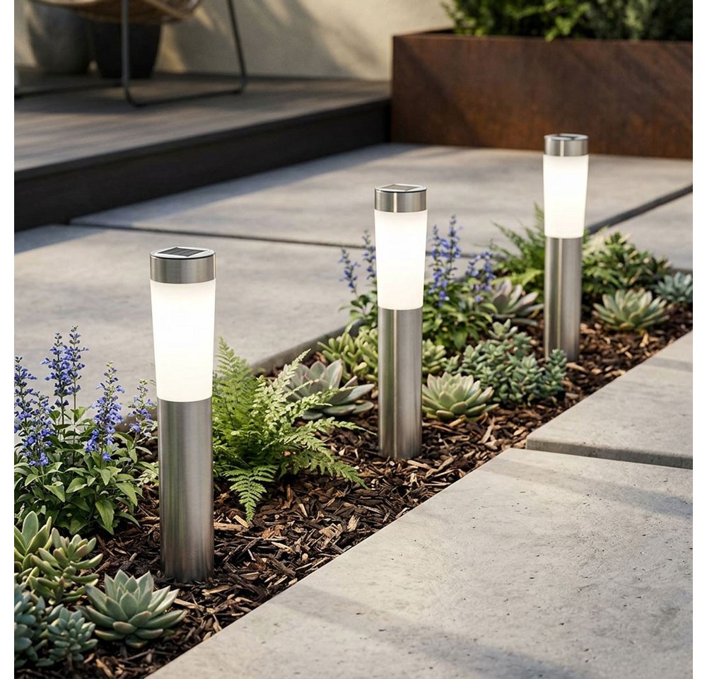 GLOBO LIGHTING LED Solarleuchte, LED-Leuchtmittel fest verbaut, Solarleuchte Stecklampe Außenleuchte LED Edelstahl Erdspieß 3er Set – Bild 5 von 5