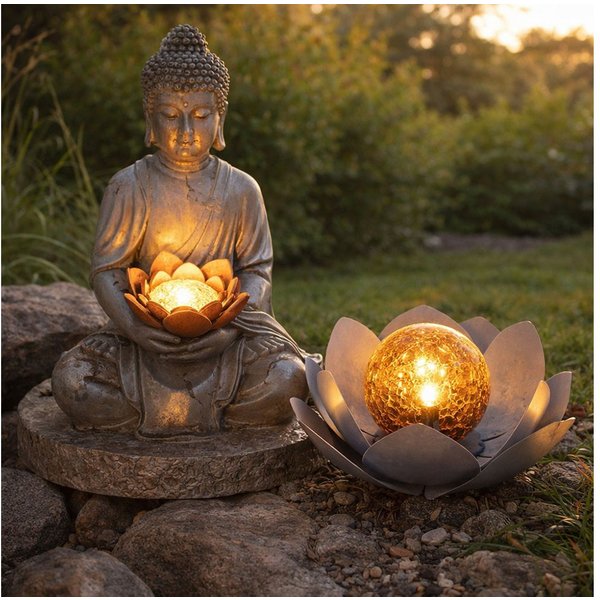 GLOBO LIGHTING LED Solarleuchte, LED-Leuchtmittel fest verbaut, Warmweiß, Solarleuchte Buddha Feng Shui Außen Solarblume Aussen Lotusblume Solar