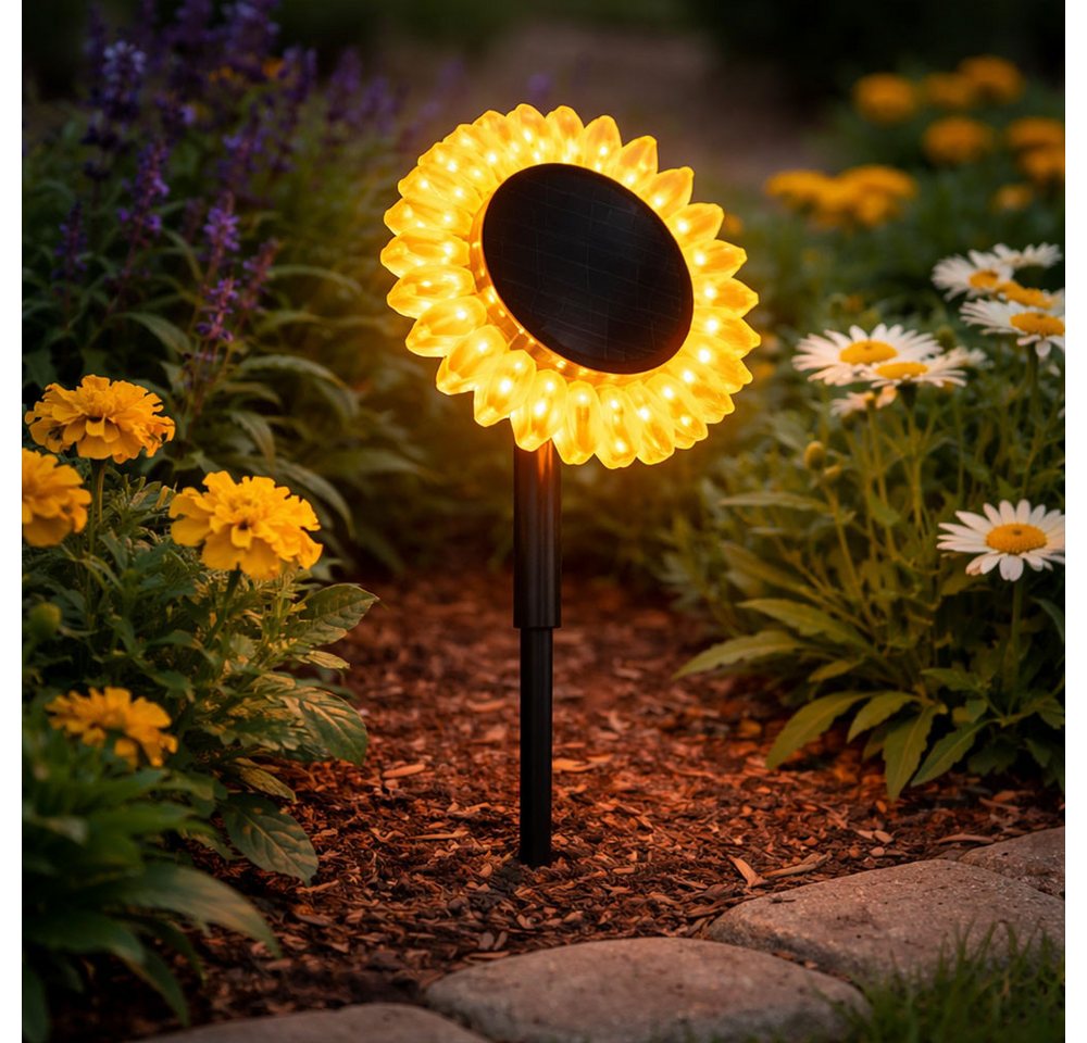 GLOBO LIGHTING LED Solarleuchte, LED-Leuchtmittel fest verbaut, Warmweiß, Solarleuchte Stecklampe Sonnenblume Hofleuchte Deko schwarz gelb LED H – Bild 3 von 5