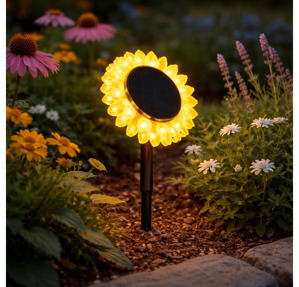 GLOBO LIGHTING LED Solarleuchte, LED-Leuchtmittel fest verbaut, Warmweiß, Solarleuchte Stecklampe Sonnenblume Hofleuchte Deko schwarz gelb LED H – Bild 4 von 5