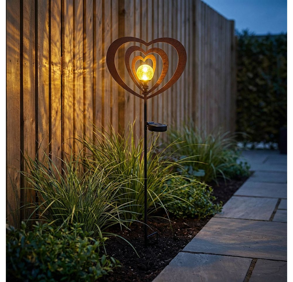 GLOBO LIGHTING LED Solarleuchte, LED-Leuchtmittel fest verbaut, Warmweiß, LED Solarleuchte Gartenleuchte Metall rostfarben mit Glaskugel H 82 cm – Bild 4 von 5