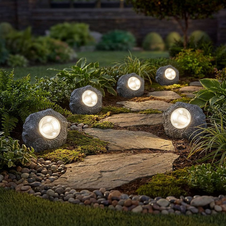 GLOBO LIGHTING LED Solarleuchte, LED-Leuchtmittel fest verbaut, 5er Set Solar Stein Außenleuchte LED Außen Gartenleuchte Dekoration – Bild 2 von 5