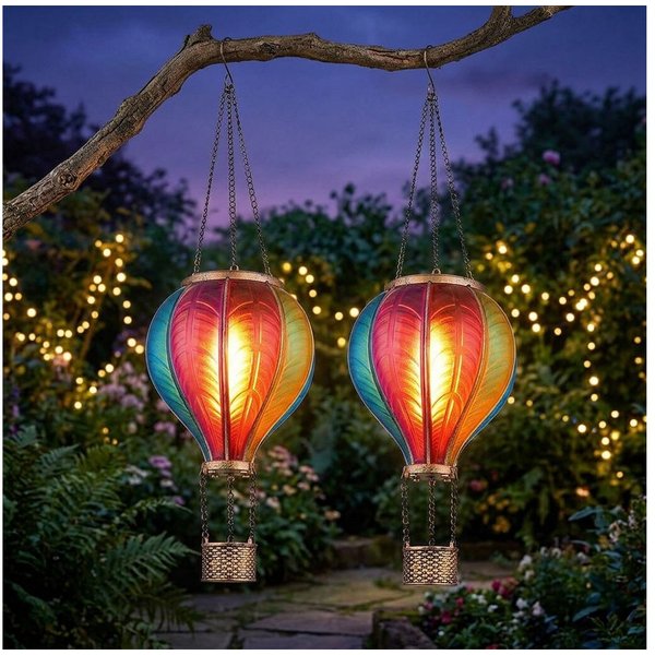 GLOBO LIGHTING LED Solarleuchte, LED-Leuchtmittel fest verbaut, Warmweiß, Solarlampe Außenleuchte Heißluftballon Feuereffekt Gartendeko 2er Set