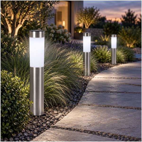 GLOBO LIGHTING LED Solarleuchte, LED-Leuchtmittel fest verbaut, Solarleuchte Stecklampe Außenleuchte LED Edelstahl Erdspieß 3er Set