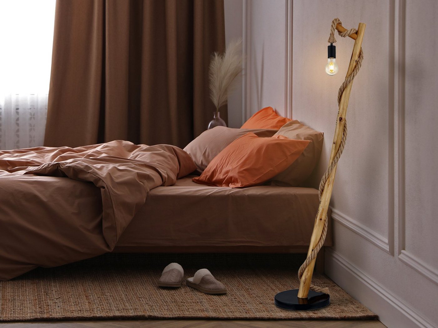 GLOBO LIGHTING LED Stehlampe, Dimmfunktion, LED wechselbar, Warmweiß, ausgefallen-e mit Holz-stamm rustikal & Seil für Ecke dimmbar H: 150cm – Bild 2 von 5