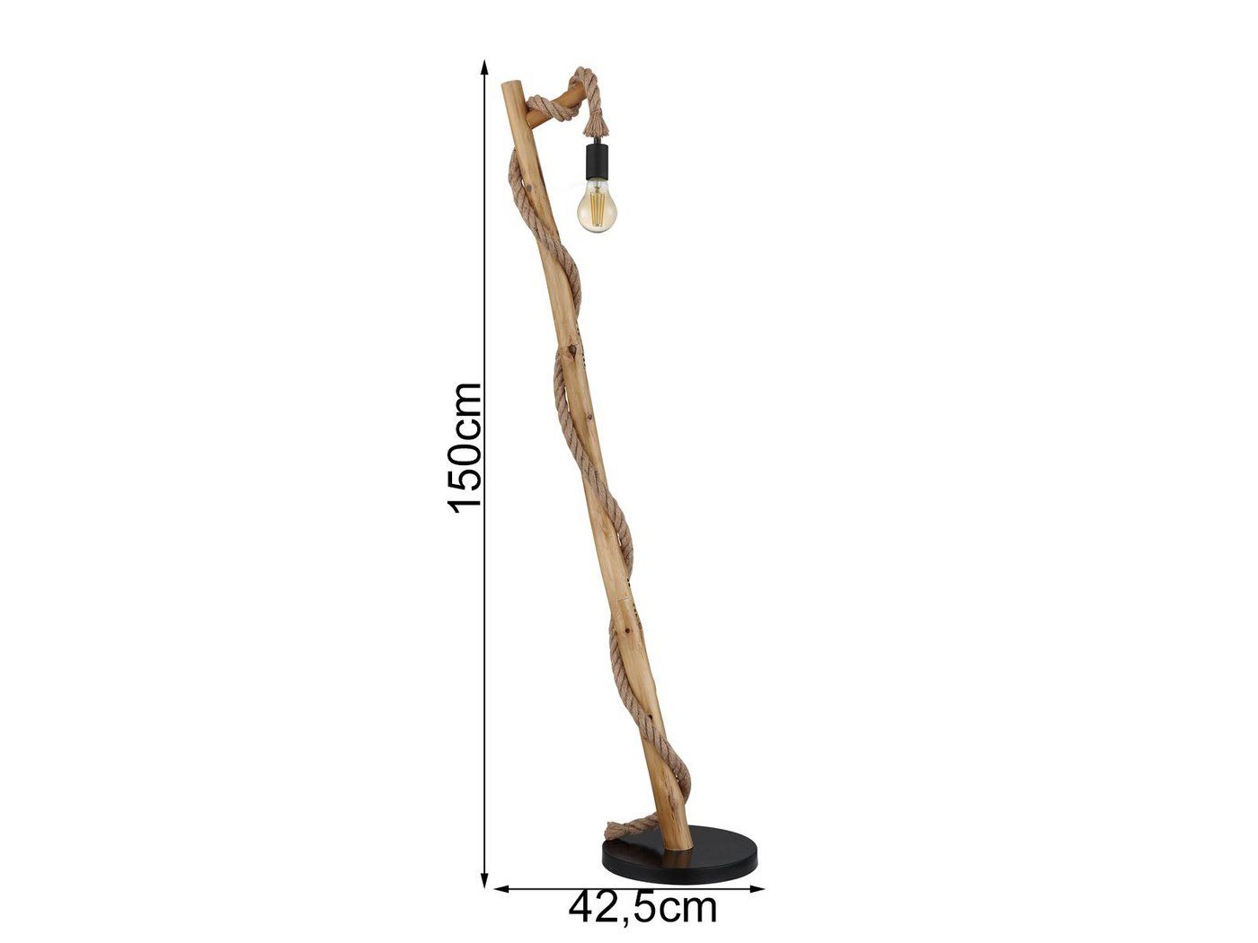 GLOBO LIGHTING LED Stehlampe, Dimmfunktion, LED wechselbar, Warmweiß, ausgefallen-e mit Holz-stamm rustikal & Seil für Ecke dimmbar H: 150cm – Bild 3 von 5