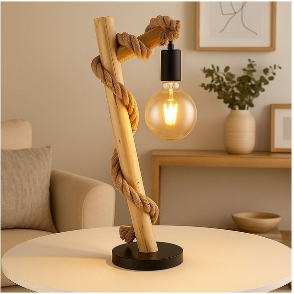 GLOBO LIGHTING LED Tischleuchte, Leuchtmittel nicht inklusive, Tischlampe Tischleuchte Holzlampe Vintage Hanfseil Schlafzimmerlampe