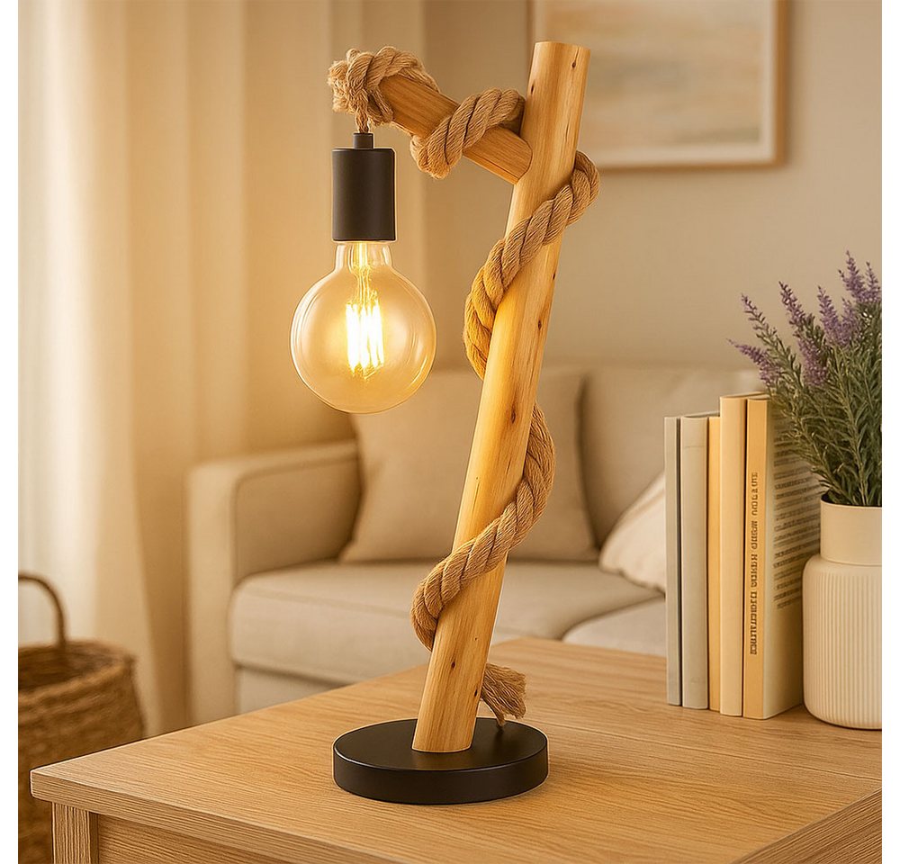GLOBO LIGHTING LED Tischleuchte, Leuchtmittel nicht inklusive, Tischlampe Tischleuchte Holzlampe Vintage Hanfseil Schlafzimmerlampe – Bild 3 von 5