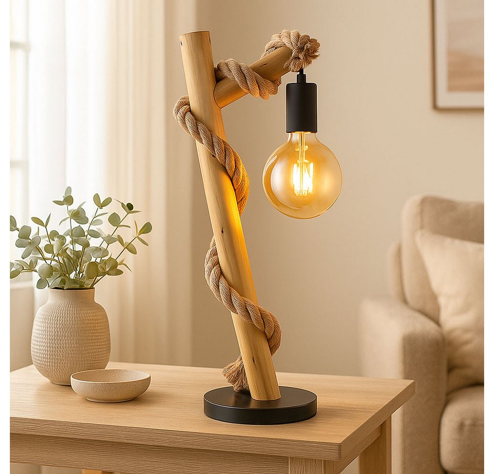 GLOBO LIGHTING LED Tischleuchte, Leuchtmittel nicht inklusive, Tischlampe Tischleuchte Holzlampe Vintage Hanfseil Schlafzimmerlampe – Bild 4 von 5