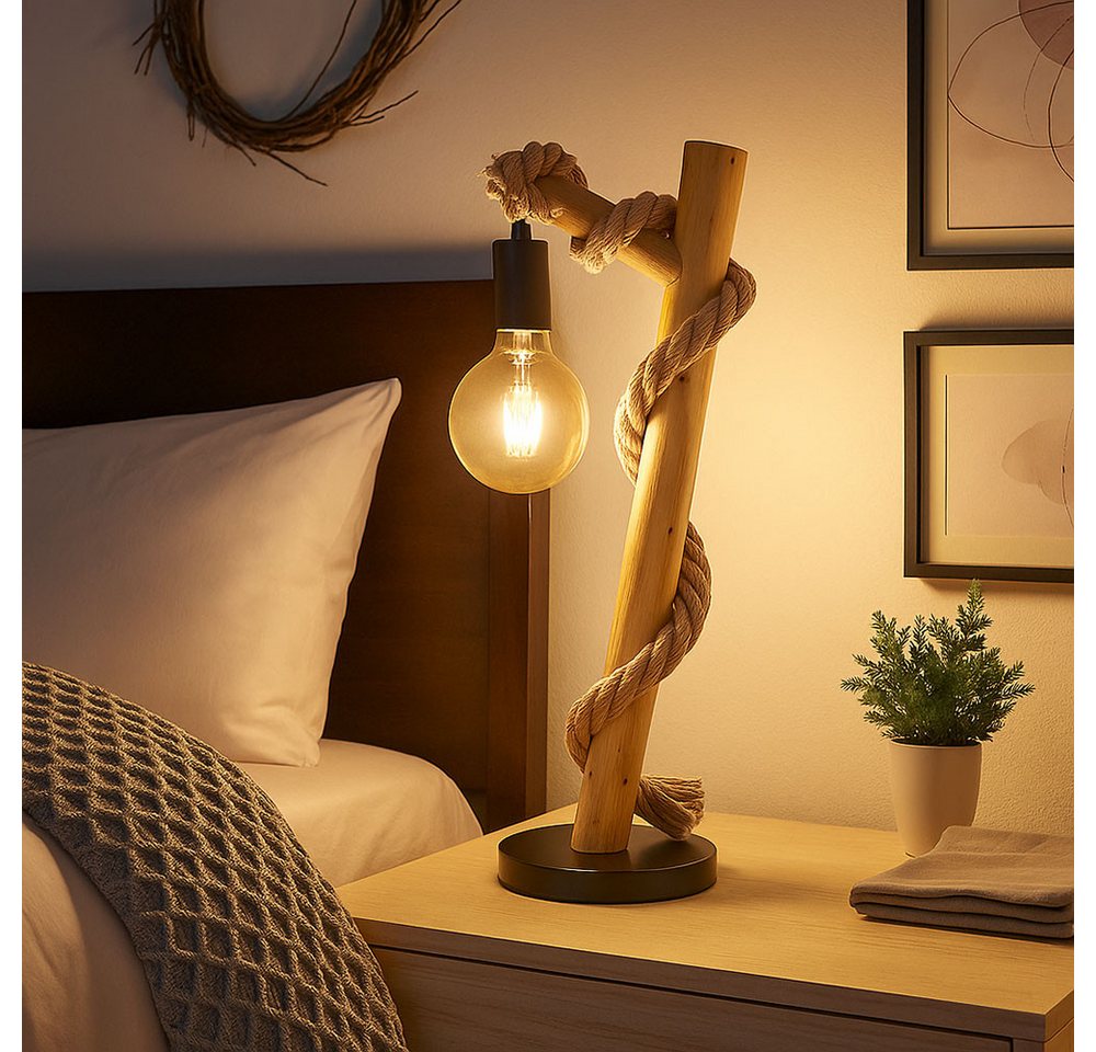 GLOBO LIGHTING LED Tischleuchte, Leuchtmittel nicht inklusive, Tischlampe Tischleuchte Holzlampe Vintage Hanfseil Schlafzimmerlampe – Bild 5 von 5