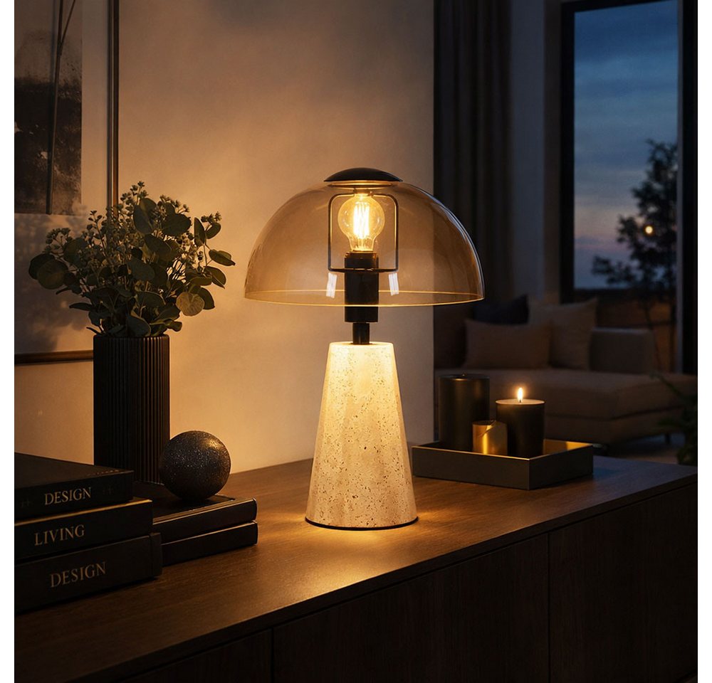 GLOBO LIGHTING LED Tischleuchte, Leuchtmittel inklusive, Warmweiß, Tischlampe Pilz Tischleuchte Travertin Stein Glas amber LED H 31 cm – Bild 4 von 5