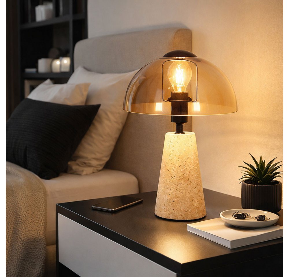 GLOBO LIGHTING LED Tischleuchte, Leuchtmittel inklusive, Warmweiß, Tischlampe Pilz Tischleuchte Travertin Stein Glas amber LED H 31 cm – Bild 5 von 5