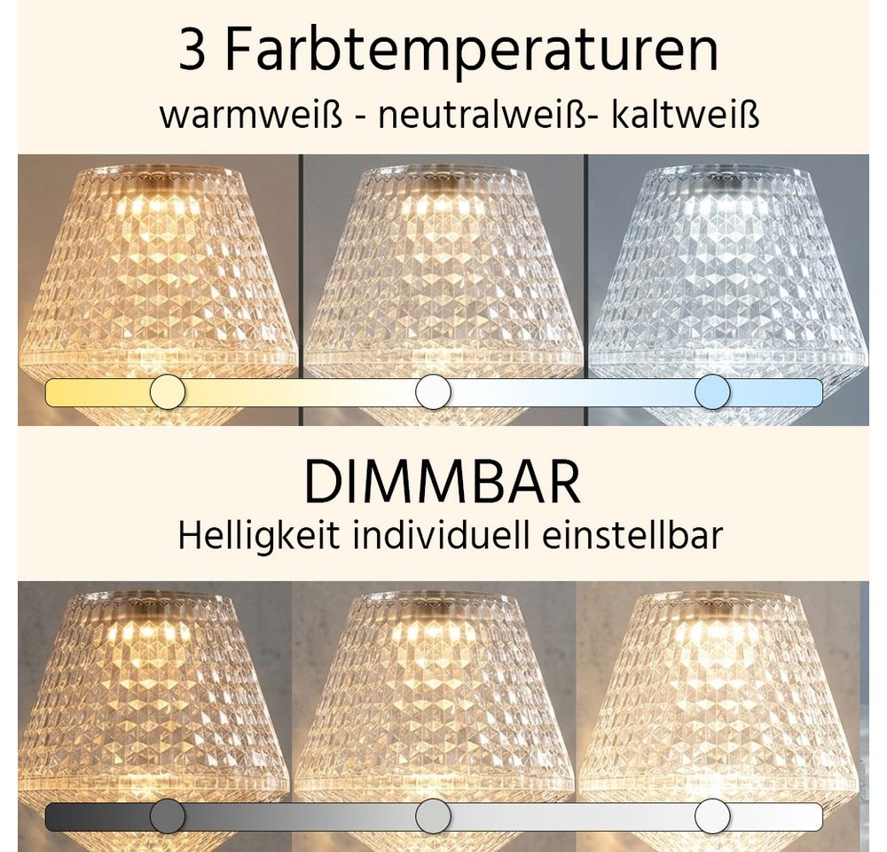GLOBO LIGHTING LED Tischleuchte, LED-Leuchtmittel fest verbaut, Kaltweiß, Warmweiß, Neutralweiß, Tageslichtweiß, 2x LED Tischlampe Kristallleuchte Touchdimmer A – Bild 4 von 5