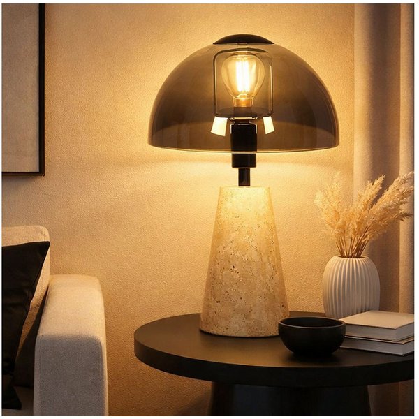 GLOBO LIGHTING LED Tischleuchte, Leuchtmittel inklusive, Warmweiß, Tischlampe Tischleuchte Pilz Design Travertin Stein Rauchglas LED 31cm