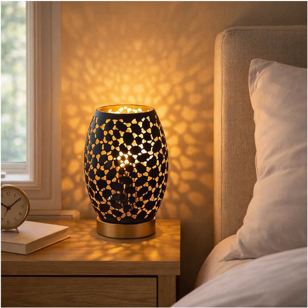 GLOBO LIGHTING LED Tischleuchte, Leuchtmittel inklusive, Warmweiß, Nachttischleuchte Tischlampe LED Dekorstanzungen schwarz gold