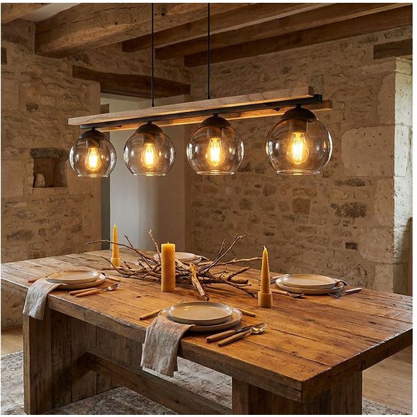 GLOBO LIGHTING Pendelleuchte, Leuchtmittel nicht inklusive, Hängelampe Wohnzimmerleuchte 4 Flammig Eichenholz Glas rauch L 120 cm