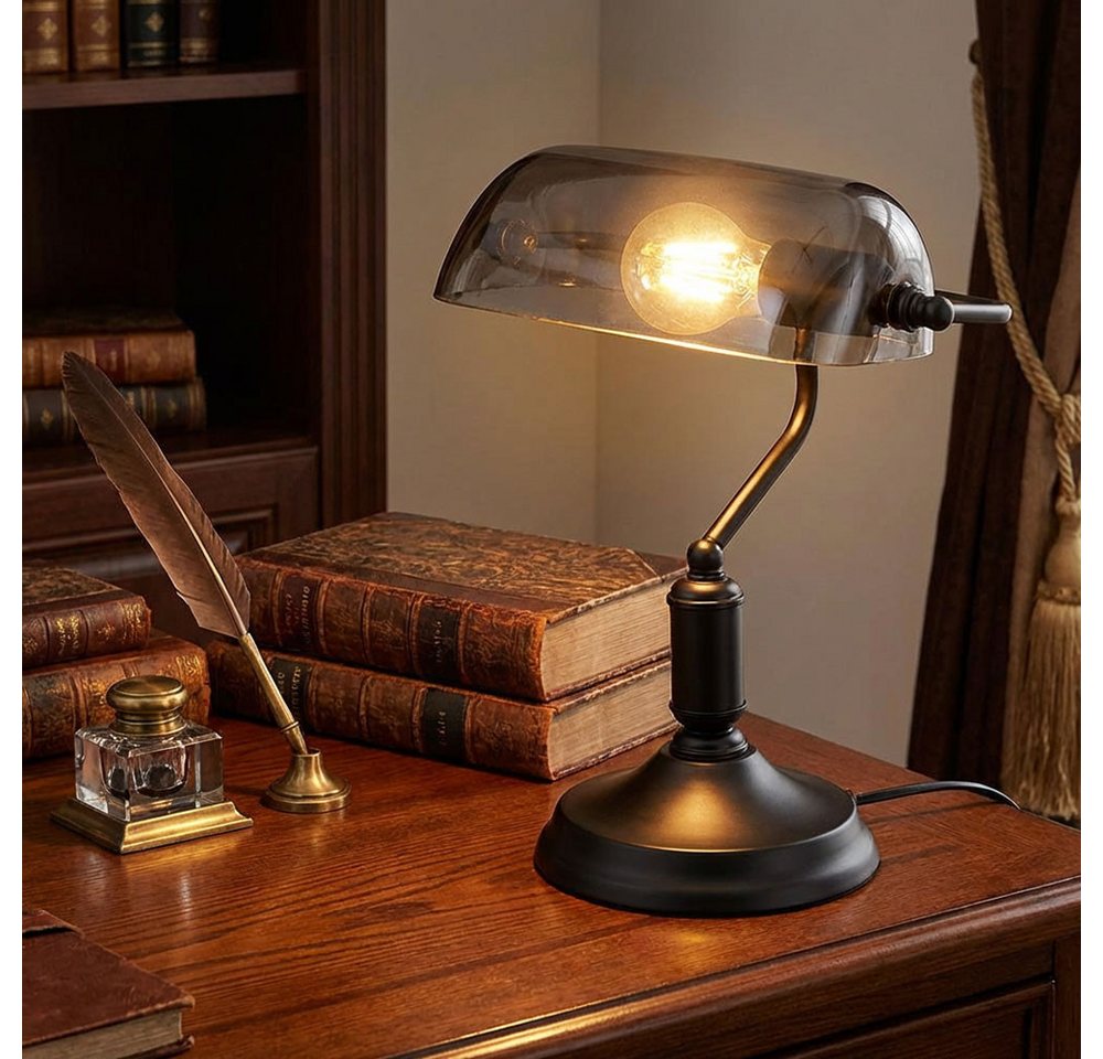GLOBO LIGHTING Schreibtischlampe, Leuchtmittel nicht inklusive, Bankerlampe Tischleuchte Büroleuchte Schreibtischlampe Glas Rauch – Bild 3 von 5
