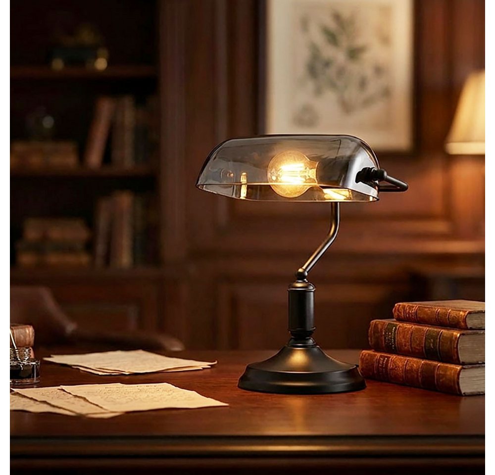 GLOBO LIGHTING Schreibtischlampe, Leuchtmittel nicht inklusive, Bankerlampe Tischleuchte Büroleuchte Schreibtischlampe Glas Rauch – Bild 4 von 5