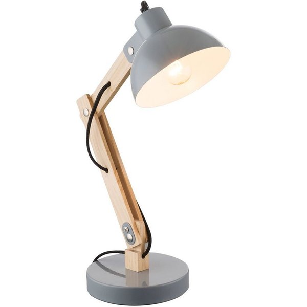 GLOBO LIGHTING Schreibtischlampe, Leuchtmittel nicht inklusive, Schreib Tisch Lampe Leuchte Holz Metall Grau Kabel 1,5 m Schlaf Zimmer