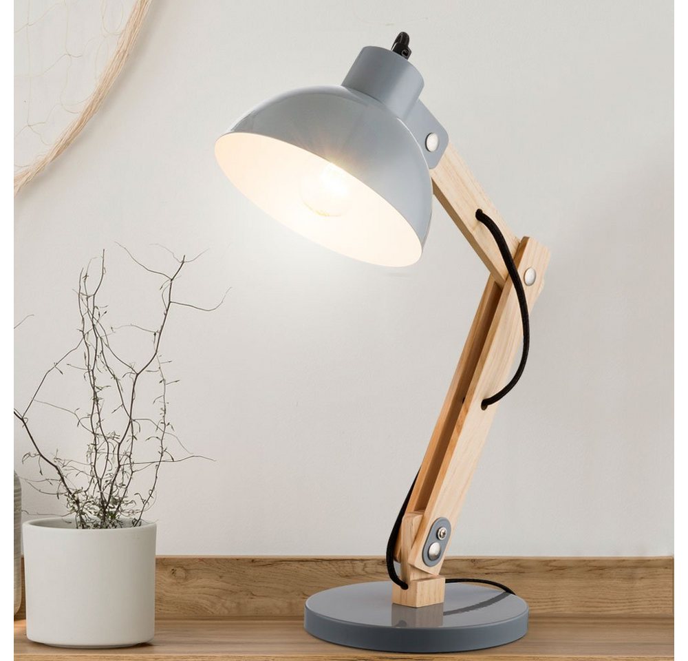 GLOBO LIGHTING Schreibtischlampe, Leuchtmittel nicht inklusive, Schreib Tisch Lampe Leuchte Holz Metall Grau Kabel 1,5 m Schlaf Zimmer – Bild 2 von 5