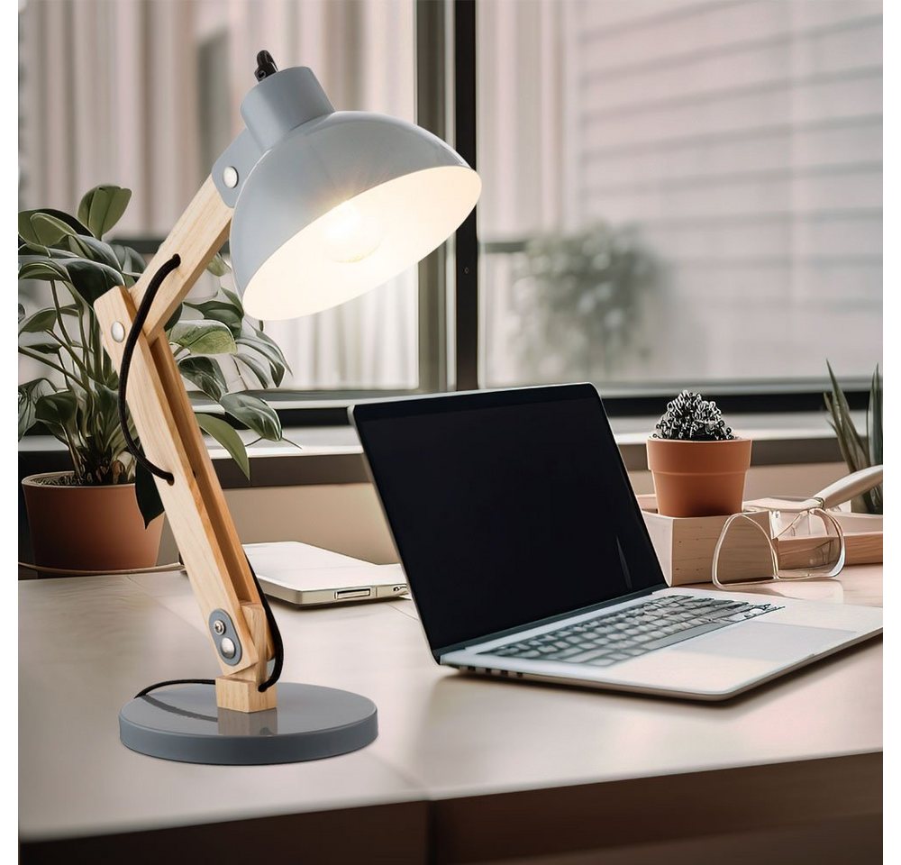 GLOBO LIGHTING Schreibtischlampe, Leuchtmittel nicht inklusive, Schreib Tisch Lampe Leuchte Holz Metall Grau Kabel 1,5 m Schlaf Zimmer – Bild 3 von 5