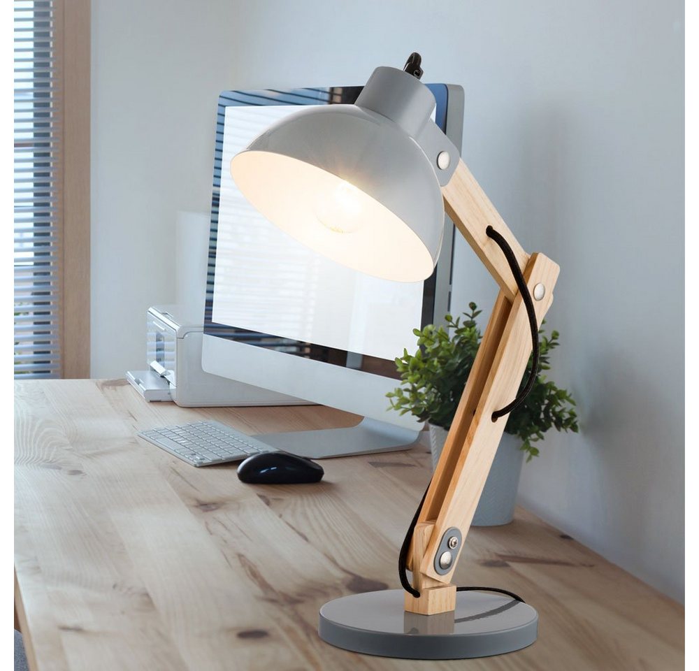 GLOBO LIGHTING Schreibtischlampe, Leuchtmittel nicht inklusive, Schreib Tisch Lampe Leuchte Holz Metall Grau Kabel 1,5 m Schlaf Zimmer – Bild 4 von 5