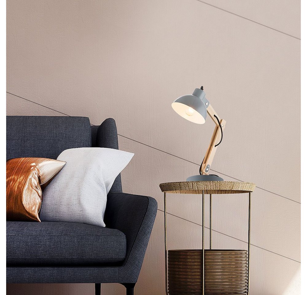 GLOBO LIGHTING Schreibtischlampe, Leuchtmittel nicht inklusive, Schreib Tisch Lampe Leuchte Holz Metall Grau Kabel 1,5 m Schlaf Zimmer – Bild 5 von 5