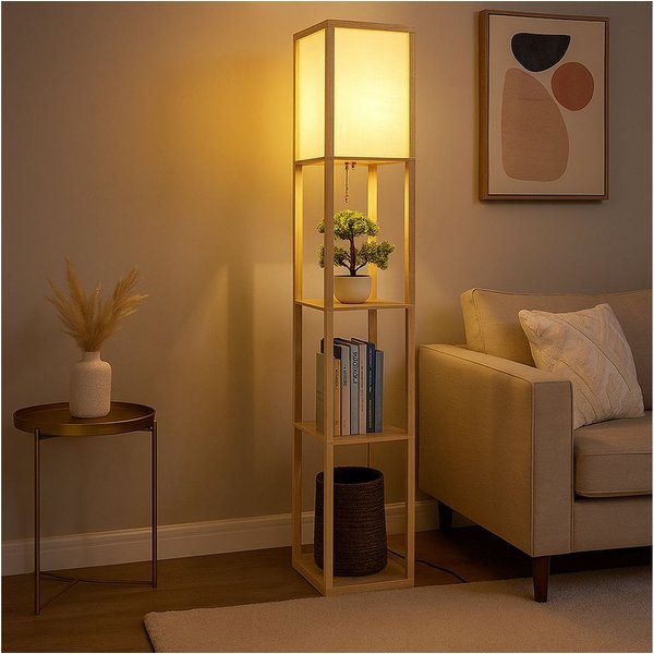GLOBO LIGHTING Stehlampe, Leuchtmittel nicht inklusive, Stehlampe Standleuchte Leselampe Holzregal Textil Zugschalter