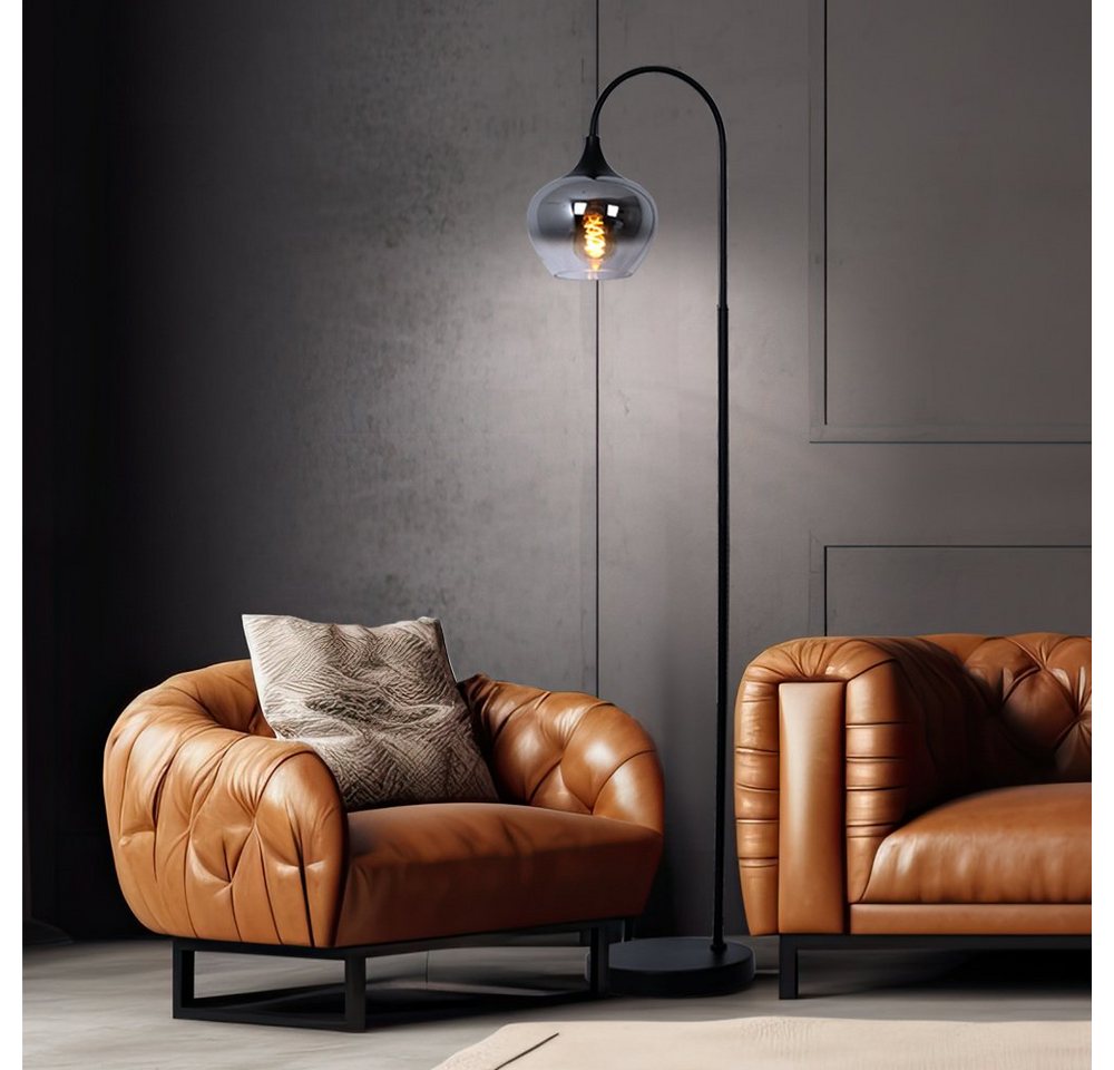 GLOBO LIGHTING Stehlampe, Leuchtmittel nicht inklusive, Stehleuchte Standlampe Rauchglas Metall schwarz E27 Retro Wohnzimmer – Bild 4 von 5