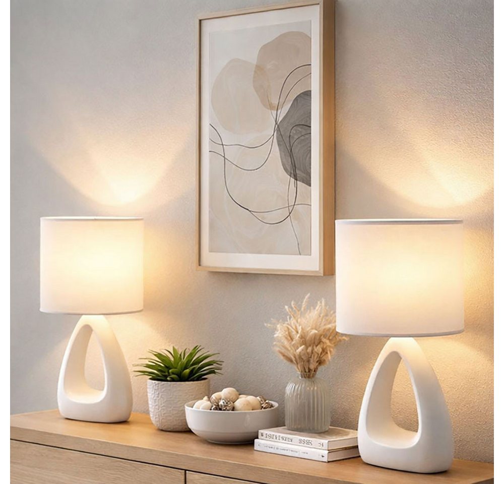 GLOBO LIGHTING Tischleuchte, Leuchtmittel nicht inklusive, Tischleuchte Keramik Textil weiß Nachttischleuchte E14 Wohnzimmer – Bild 4 von 5