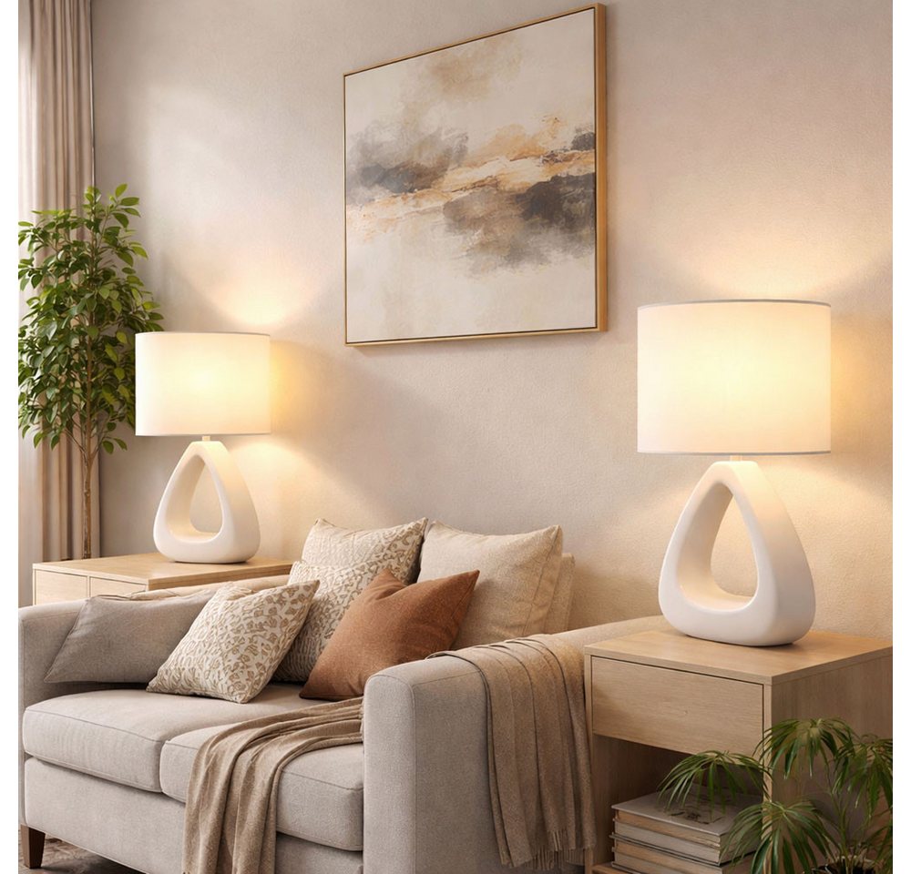 GLOBO LIGHTING Tischleuchte, Leuchtmittel nicht inklusive, Tischleuchte Keramik Textil weiß Nachttischleuchte E14 Wohnzimmer – Bild 5 von 5