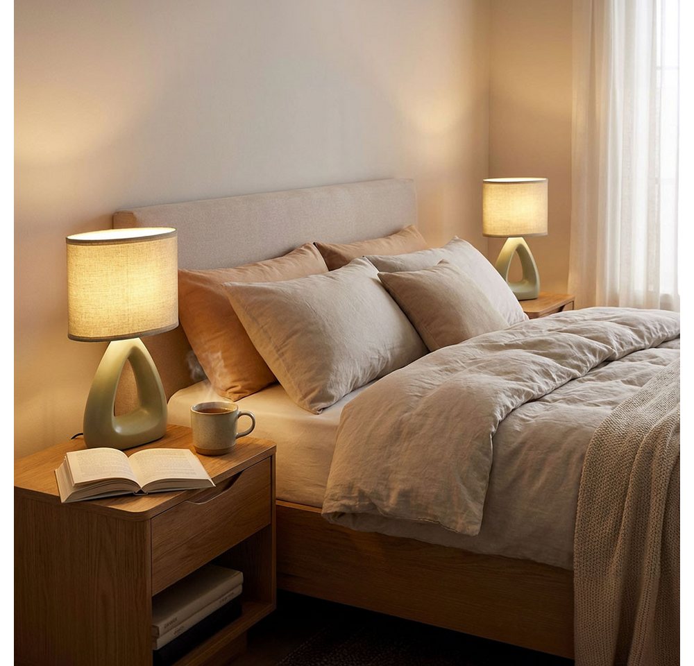 GLOBO LIGHTING Tischleuchte, Leuchtmittel nicht inklusive, Tischlampe Tischleuchte Keramik Wohnzimmerlampe Textil grün 2er Set – Bild 4 von 5
