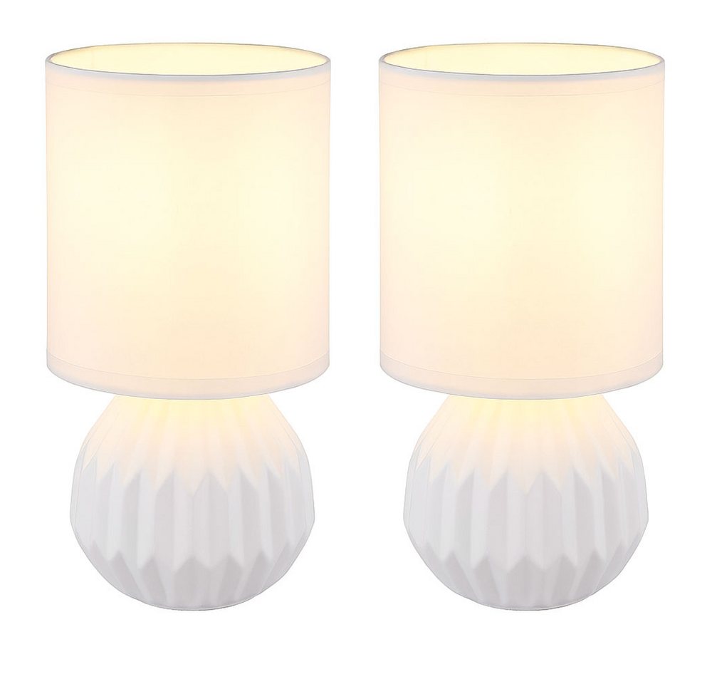 GLOBO LIGHTING Tischleuchte, Leuchtmittel nicht inklusive, 2x Tischlampe Tischleuchte Nachttischlampe Keramik Textil weiß H 23 cm – Bild 2 von 5