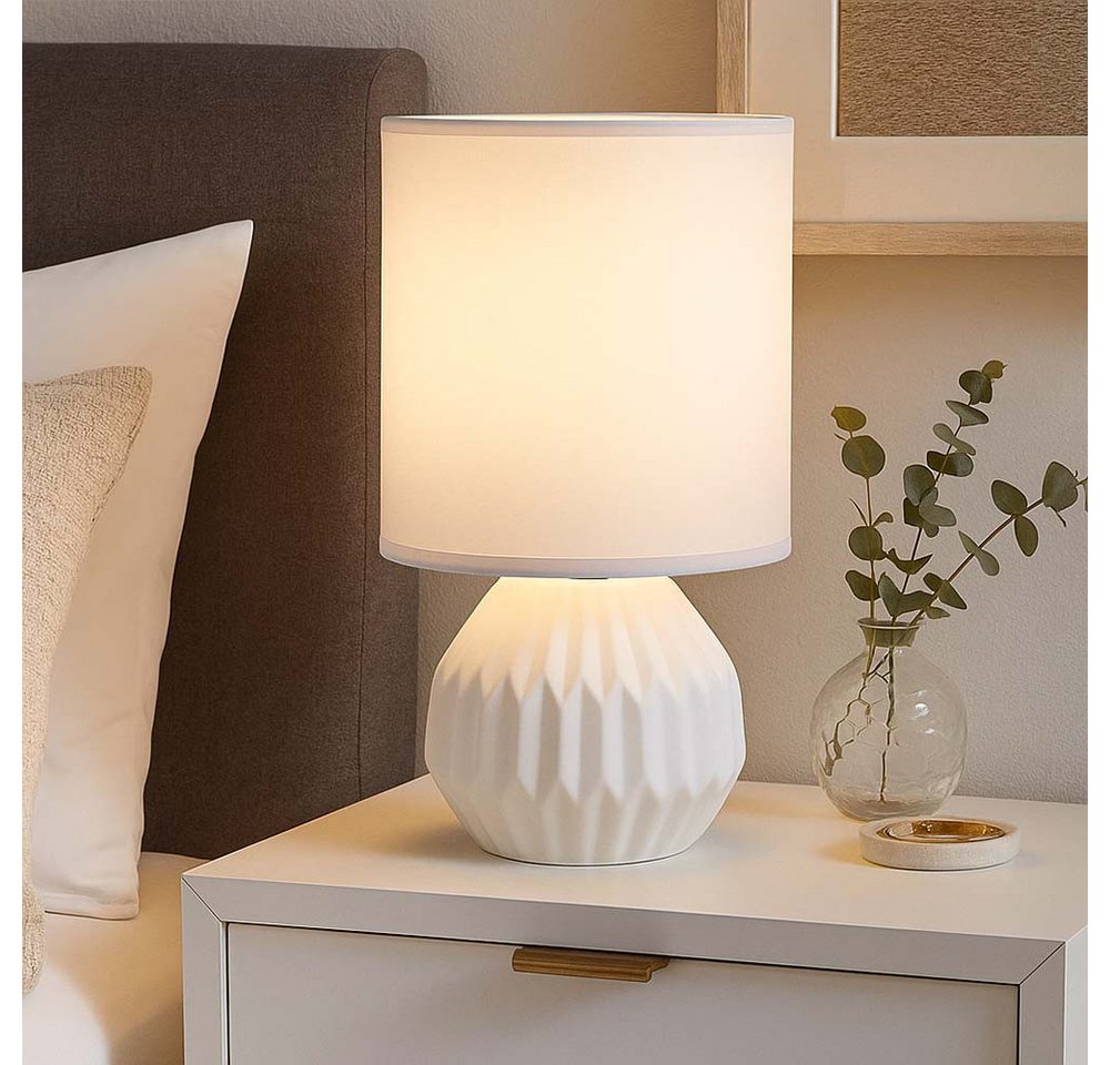 GLOBO LIGHTING Tischleuchte, Leuchtmittel nicht inklusive, 2x Tischlampe Tischleuchte Nachttischlampe Keramik Textil weiß H 23 cm – Bild 3 von 5
