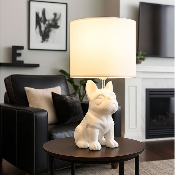 GLOBO LIGHTING Tischleuchte, Leuchtmittel nicht inklusive, Tischleuchte Nachttischlampe Leselampe Hund Keramik weiß Textil H 40cm