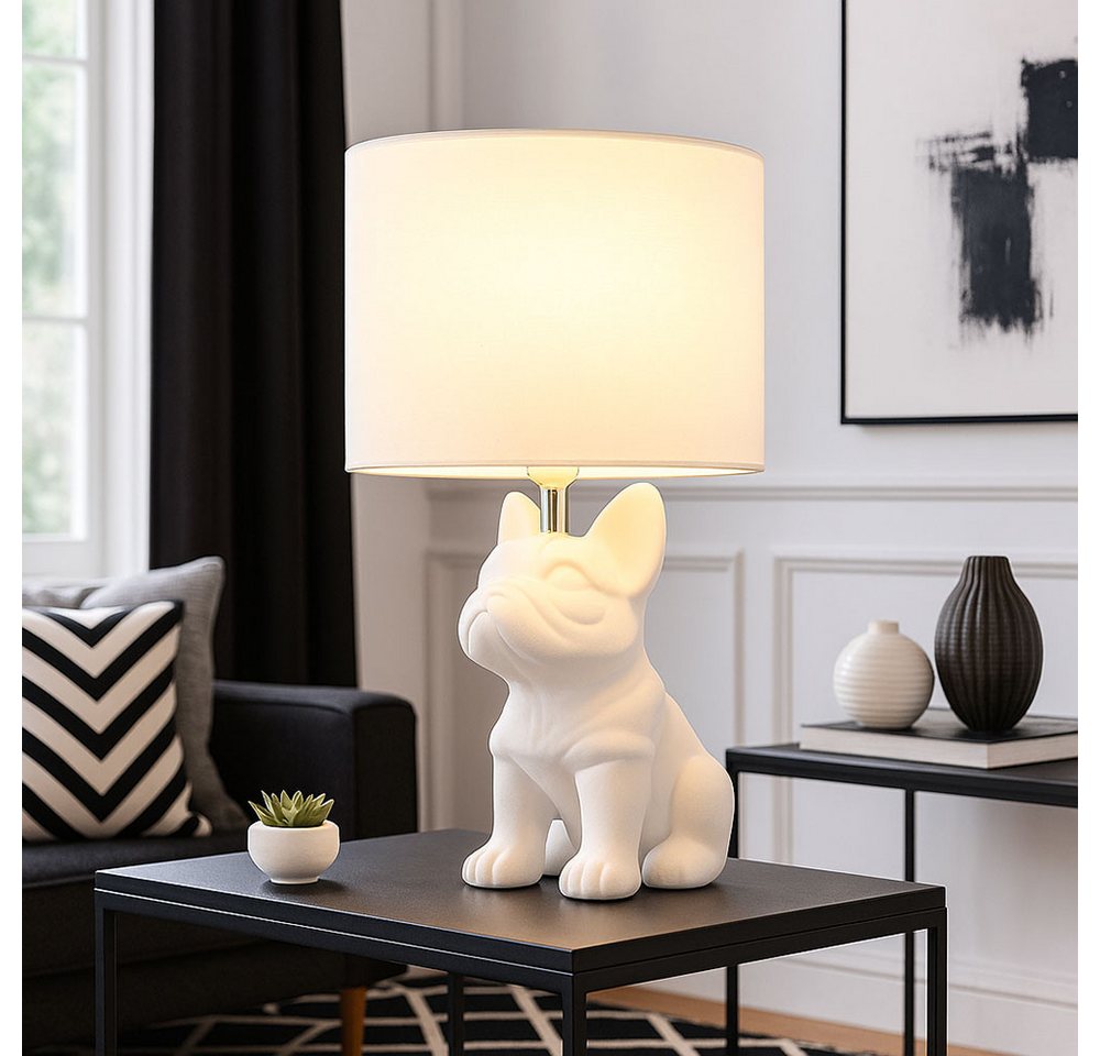 GLOBO LIGHTING Tischleuchte, Leuchtmittel nicht inklusive, Tischleuchte Nachttischlampe Leselampe Hund Keramik weiß Textil H 40cm – Bild 3 von 5