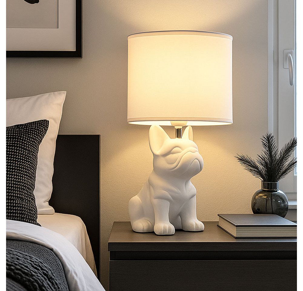 GLOBO LIGHTING Tischleuchte, Leuchtmittel nicht inklusive, Tischleuchte Nachttischlampe Leselampe Hund Keramik weiß Textil H 40cm – Bild 4 von 5