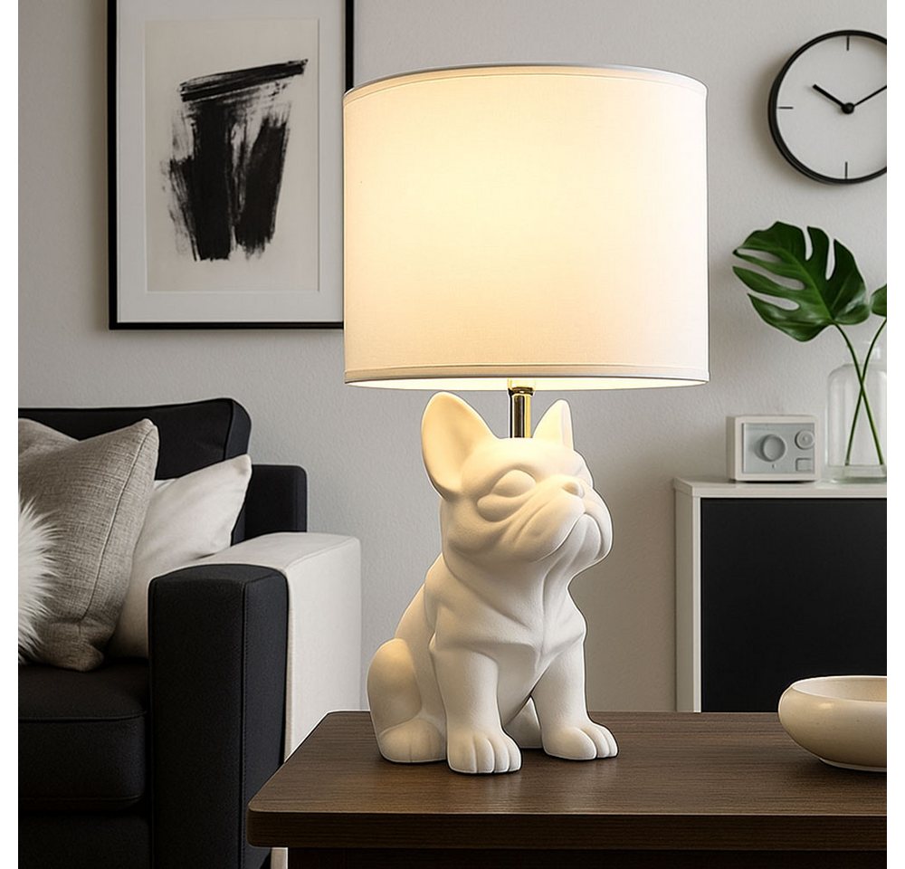 GLOBO LIGHTING Tischleuchte, Leuchtmittel nicht inklusive, Tischleuchte Nachttischlampe Leselampe Hund Keramik weiß Textil H 40cm – Bild 5 von 5
