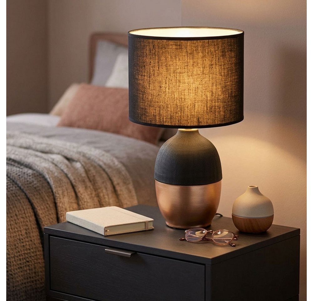 GLOBO LIGHTING Tischleuchte, Leuchtmittel nicht inklusive, Tischlampe Schreibtischleuchte modern Textilschirm schwarz gold H 43cm – Bild 4 von 5