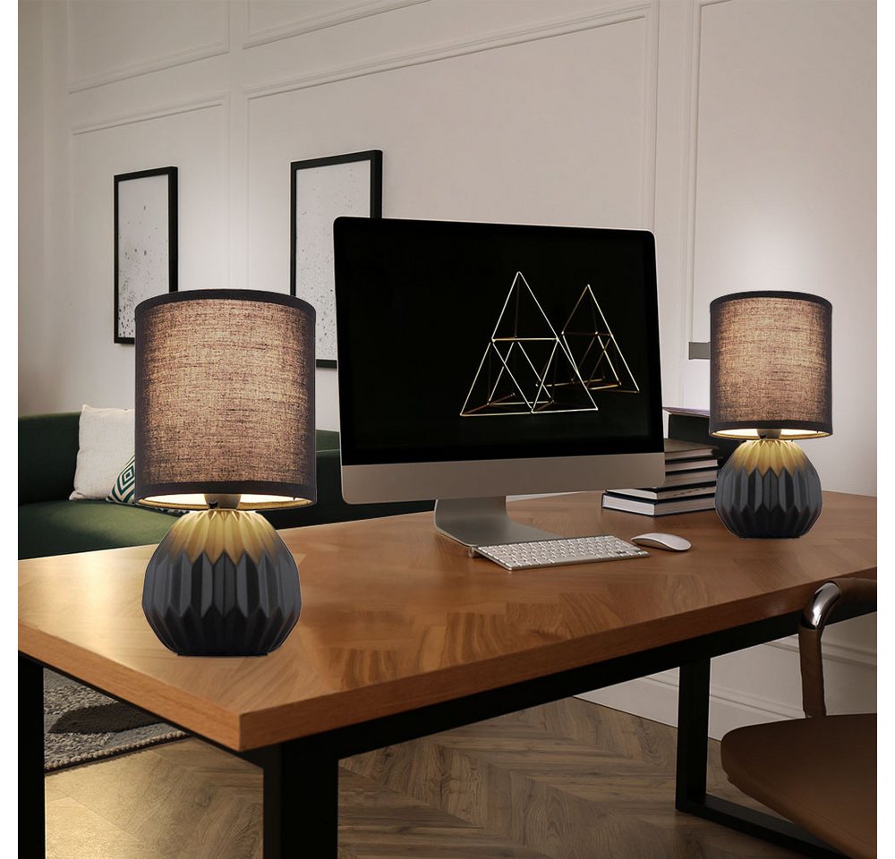 GLOBO LIGHTING Tischleuchte, Leuchtmittel nicht inklusive, Tischlampe Tischleuchte Nachttischlampe Keramik Stoff schwarz 2er Set – Bild 2 von 5