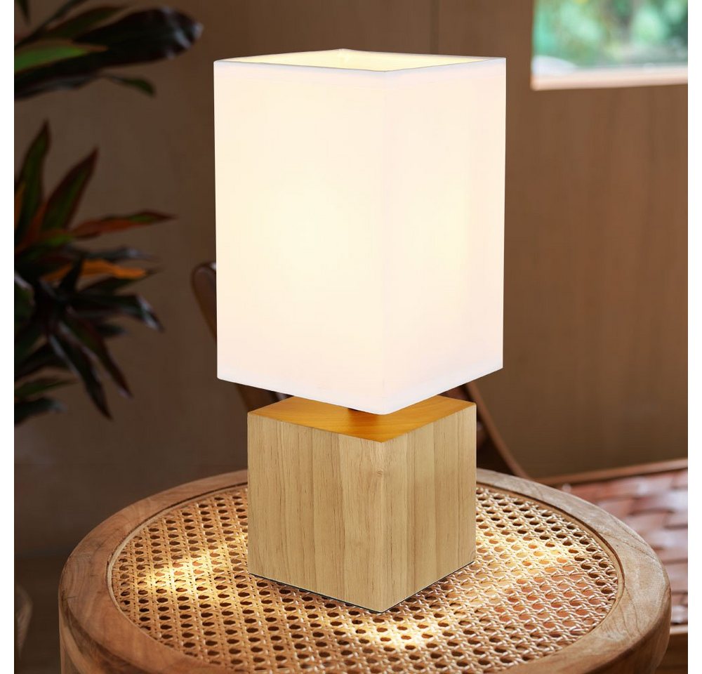 GLOBO LIGHTING Tischleuchte, Leuchtmittel nicht inklusive, Tischleuchte Beistelllampe Schlafzimmerleuchte Holz Textil Weiß H 30cm – Bild 3 von 5